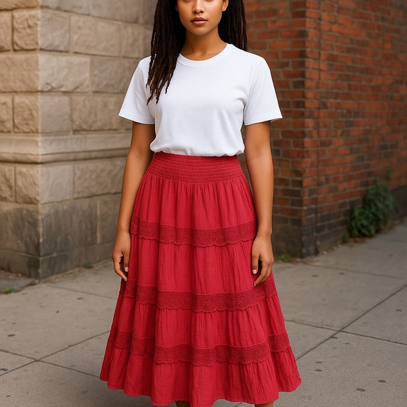 Old Navy Dresses & Skirts - Old Navy Women’s Vibrant Coral Red Elastic Smocked Waist 3-Tier Maxi Skirt Sz-S